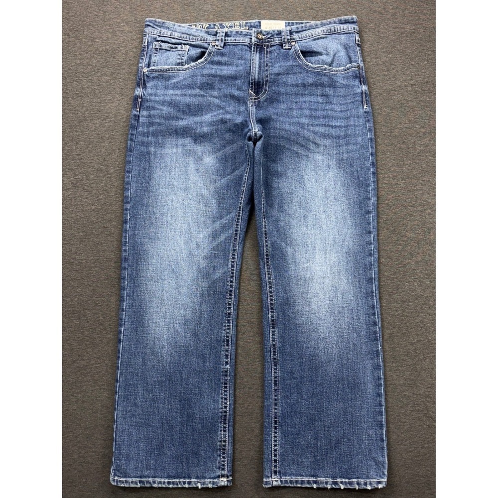 TK Axel Jeans Mens W40 L32 Slim Boot Light Wash Distressed Pocket‎ Embroidered